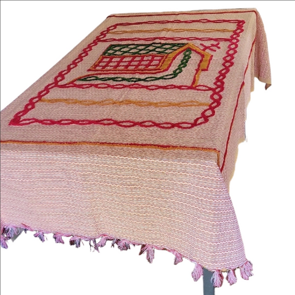 Vintage Christmas Tablecloth Artisanal Hand Woven Decorative Throws 84"×36" - Picture 1 of 17